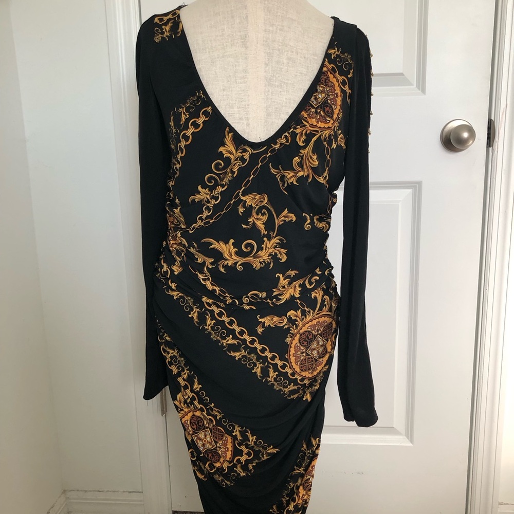 Venus Black & Gold Baroque Print Long Sleeve Dress with Hook & Eye Hardware